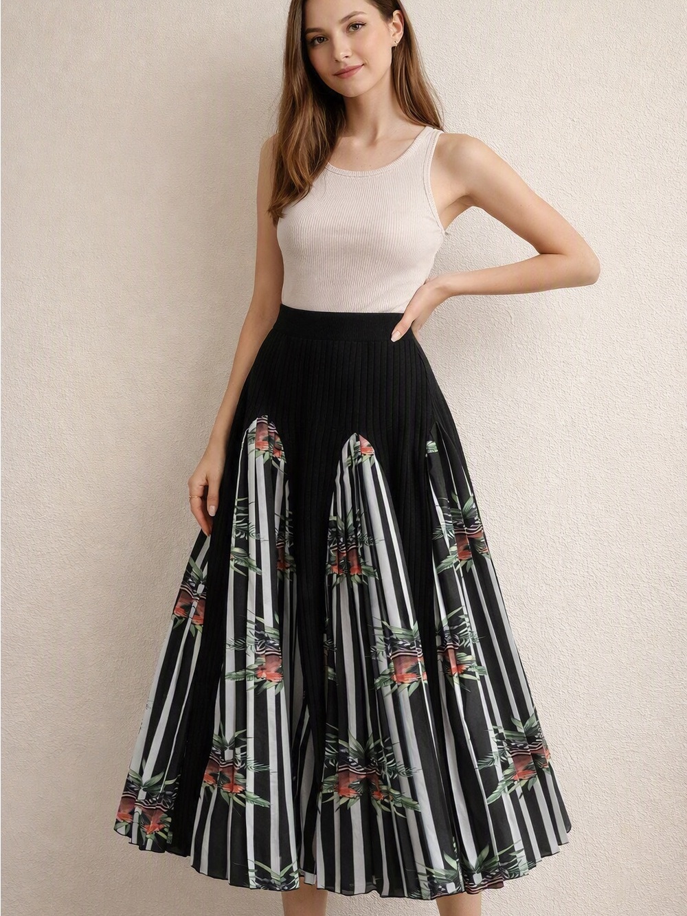 Women's Black Floral Striped Skirt